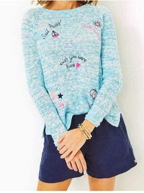 NWT- Lilly Pulitzer Danette Celestial Blue Marled Sweater w/ Sailboat Embroidery